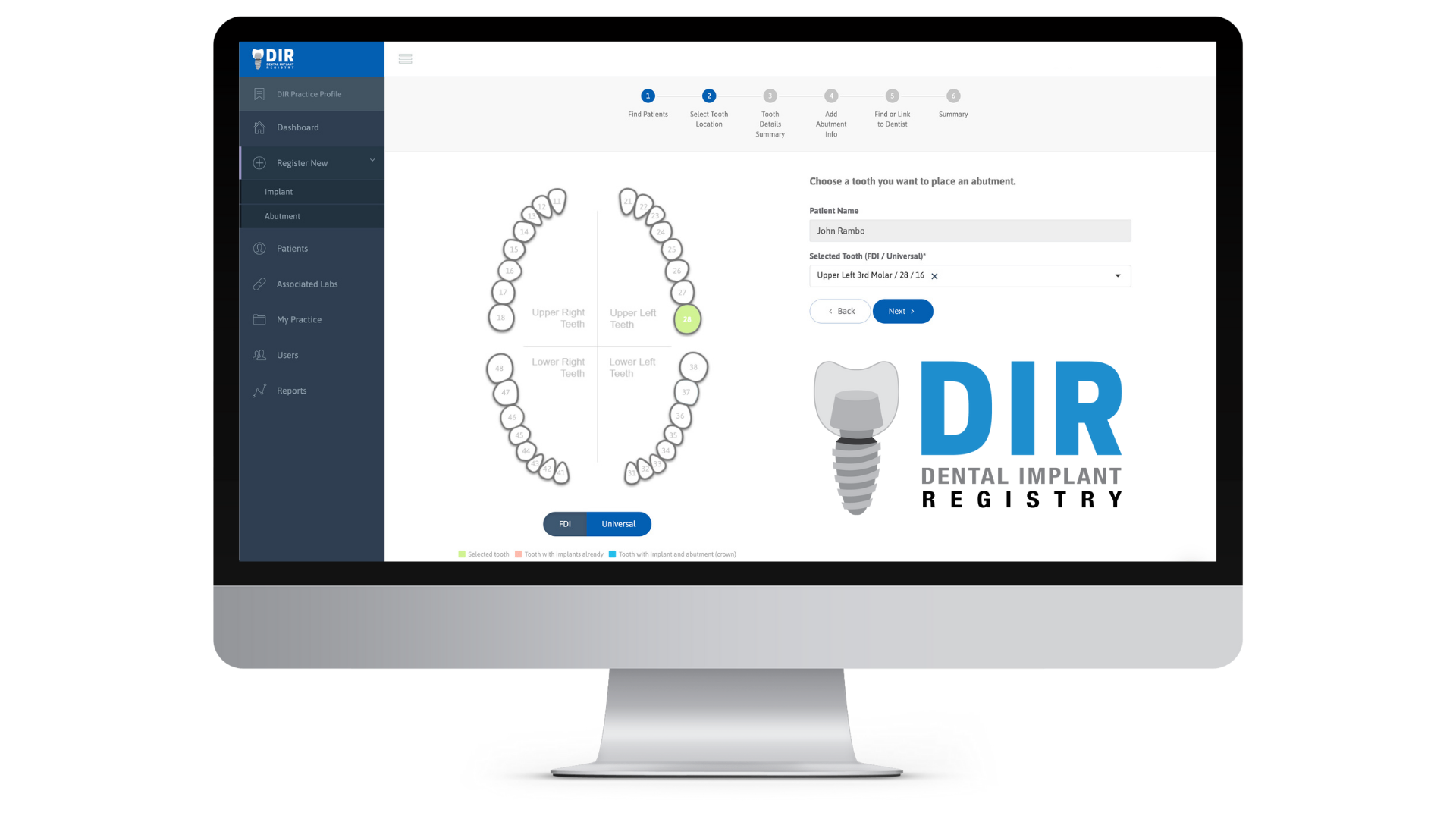 Dental Implant Registry application screen